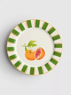 Plato de postre con diseño de frutas mediterráneas