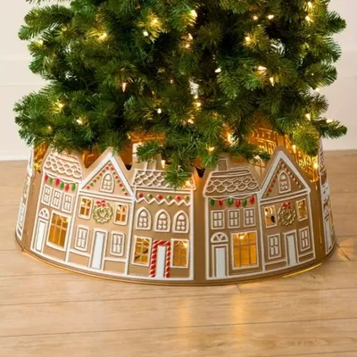 Feledorashia LED Lights Christmas Tree Collar, PVC Christmas Tree Skirt, 60CM/23.6IN, Set of 5 Panels Christmas House Design, Easy to Assemble and Store, Battery-Operated (Batteries Not Included)