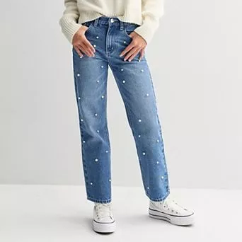 Girls 7-16 Gogo Star Pearl Embellished Wide Leg Jeans with Back Elastic Waistband