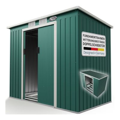 Juskys Metall Gerätehaus Geräteschuppen M mit Pultdach, Schiebetür & Fundament 4m³ grün
