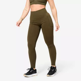 DOMYOS Leggings donna palestra push-up vita alta traspiranti verde militare