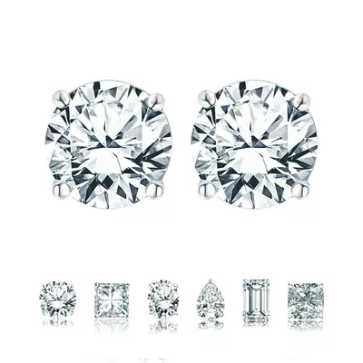 JeenMata 1 Carat Round Moissanite - 4 Prong Solitaire Stud Earrings - 18K White Gold Plating Over Silver